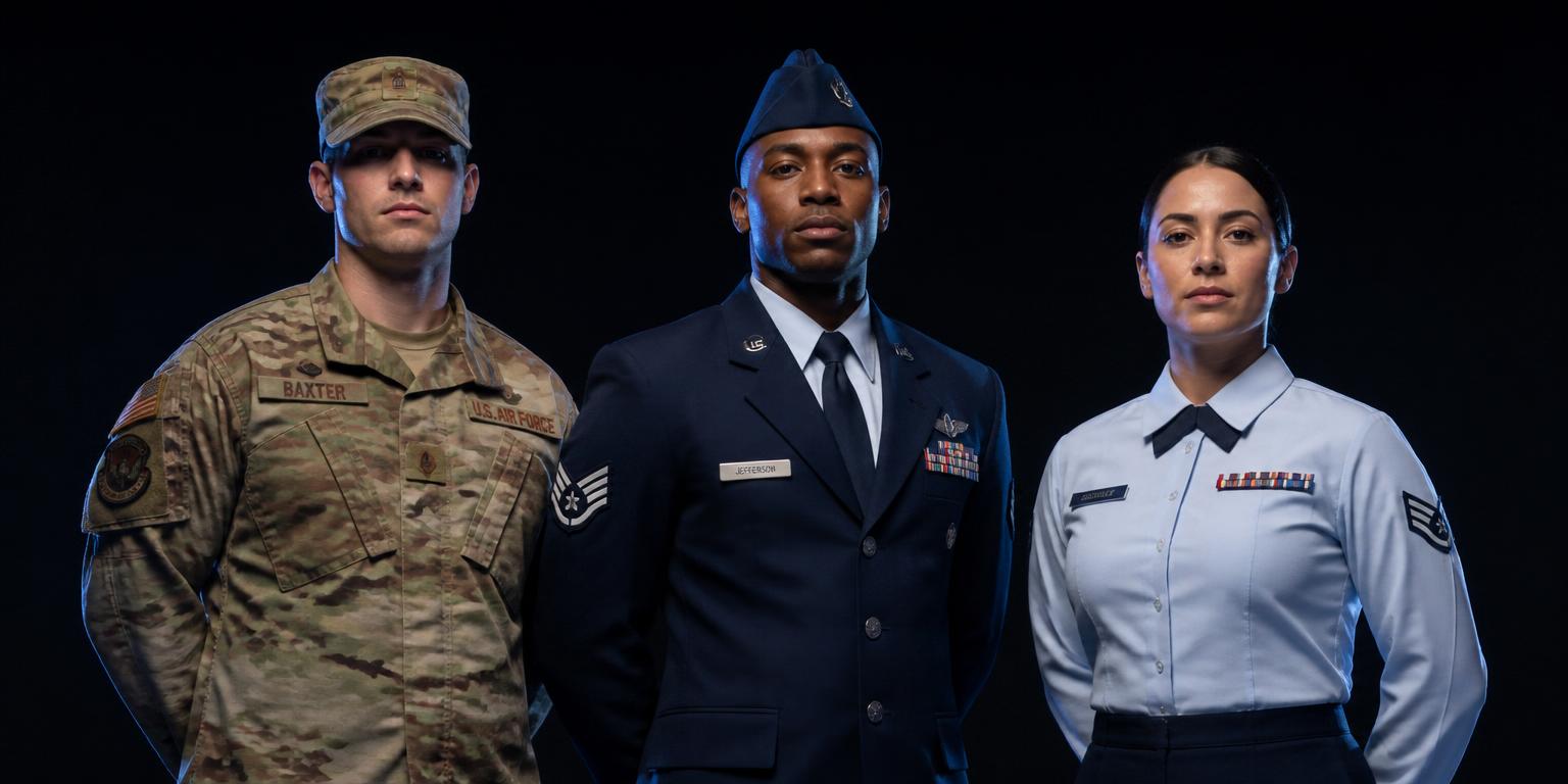 United States Air Force service members in combat, dress, and service uniforms