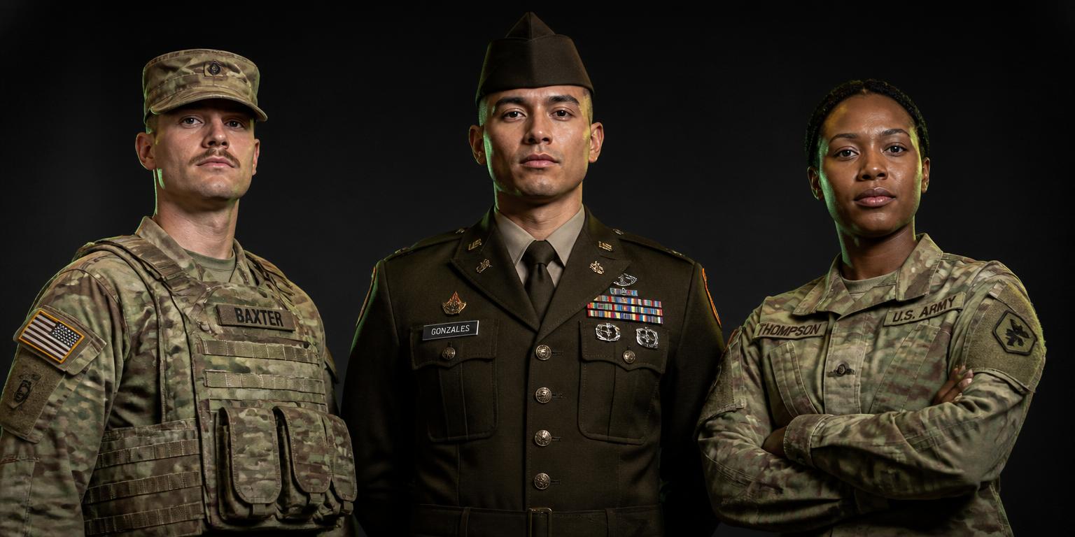 United States Army service members in combat, dress, and service uniforms