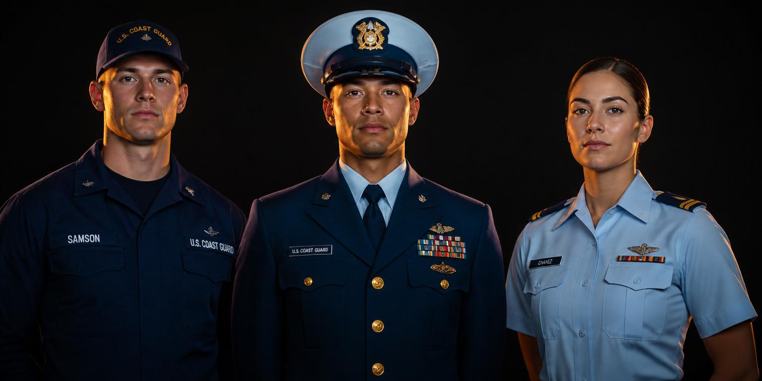 United States Coast Guard service members in combat, dress, and service uniforms