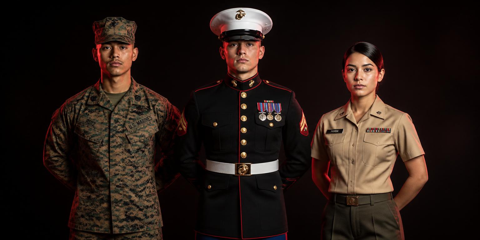 United States Marine Corps service members in combat, dress, and service uniforms