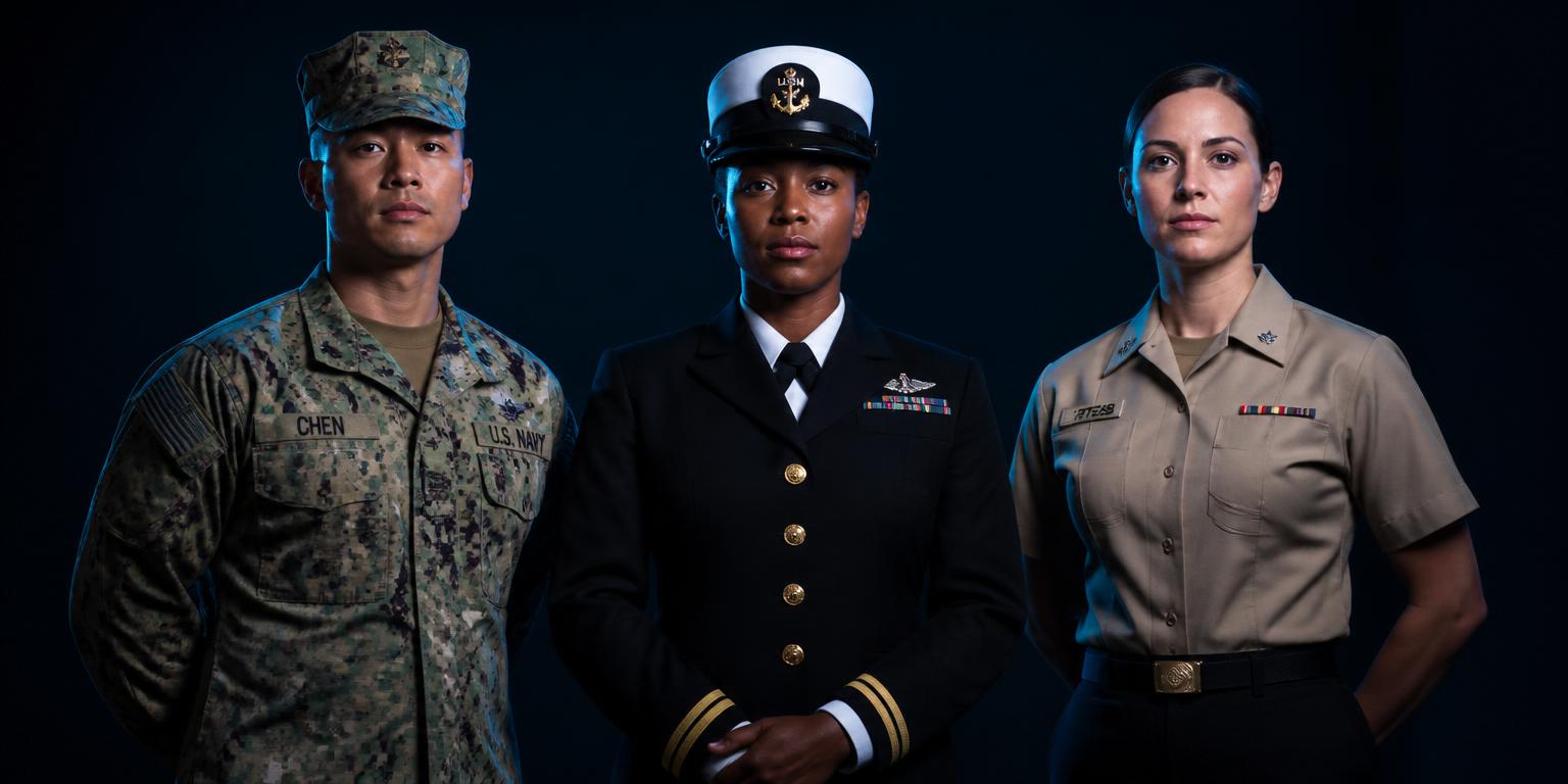 United States Navy service members in combat, dress, and service uniforms