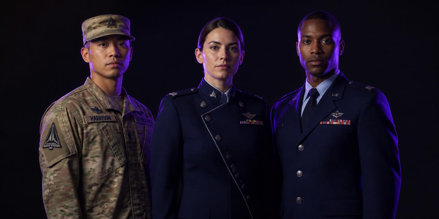 United States Space Force service members in combat, dress, and service uniforms